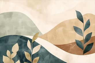 Tranquil scene with abstract botanical elements and earthy colors, illustration, AI generated