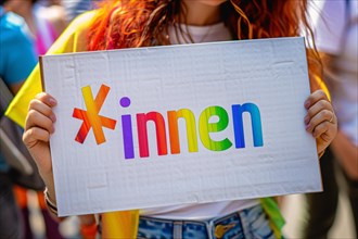 Woman holding up sign with colorful text saying *innen, a suffix used for gender neutral language