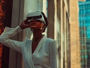 A woman in stylish attire with a VR headset touches her sunglasses, cityscape in the background, AI