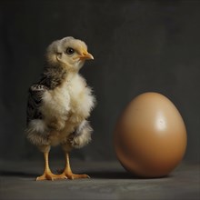 Small chick on a wooden surface next to a large egg with an innocent look, AI generated