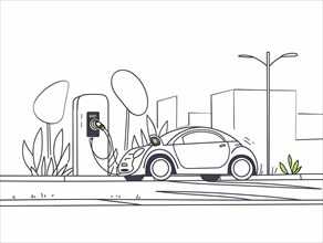 Monochrome line art of an electric car charging near a cityscape with plants, illustration, AI