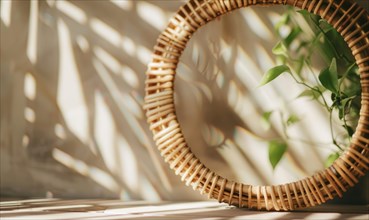 Delicate rattan frame on minimalistic natural material flat background, space for text AI generated