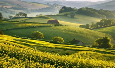 A picturesque countryside scene with rolling hills blanketed in vibrant yellow rapeseed flowers,