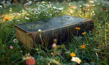 Old book lying on a grassy knoll surrounded by wildflowers AI generated
