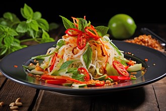 Vibrant Thai Noodle Salad with Green Papapya on Dark Plate, AI generated