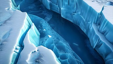 Glaciers crevasse from an aerial top down view with deep blue hues echoing the glaciers dynamic, AI