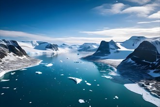 Crystal clear frozen fjord in greenland vast icy landscape under arctic sky, AI generated
