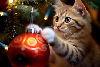 Cat playing with red Christmas tree bauble. KI generiert, generiert, AI generated