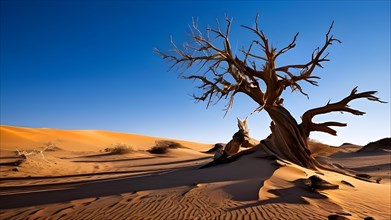 Saxaul tree branches stabilizing gobi desert sand dunes, AI generated