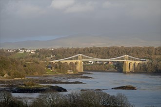 Menai Suspension Bridge, Menai Strait, LLanfair Pwllgwyngyll, Isle of Anglesey, Wales, United