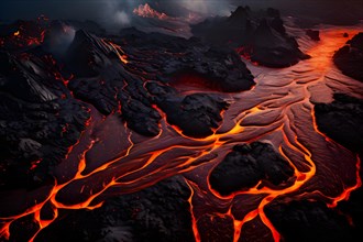 Aerial view of intricate lava stream patterns converge from a volcanic eruption, AI generated