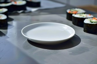 Minimalist setup with an empty white plate on a black surface ready for sushi preparation, AI