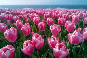 Pink tulips in the foreground with a cloudy ocean backdrop, AI generated