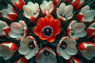 A dominant red tulip surrounded by white-edged tulips, AI generated