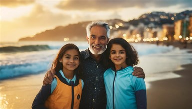 Hindu grandpa man spending time with two young girls at the beach during a colorful sunrise, AI
