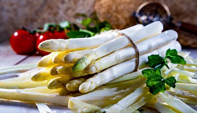 Naturally staged white asparagus, rustic cut, with cherry tomatoes and herbs, fresh white