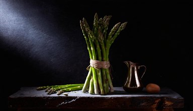Green asparagus stands in front of a pot and an egg on a rustic background, fresh green asparagus,