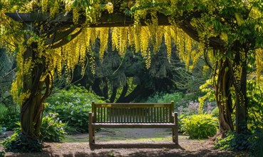 Laburnum branches arching over a garden bench AI generated
