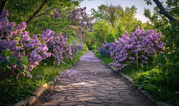 A garden pathway lined with blooming lilac bushes AI generated