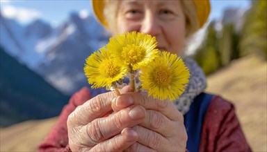 A smiling elderly woman holds several coltsfoot flowers in front of a mountain backdrop, medicinal