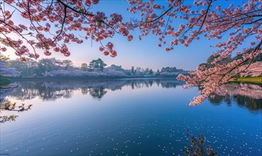 A spring lake surrounded by blooming cherry blossoms AI generated