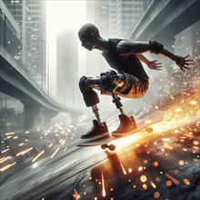 Skateboarder with prosthetic limb performing a jump with a city backdrop and sparks, AI generated