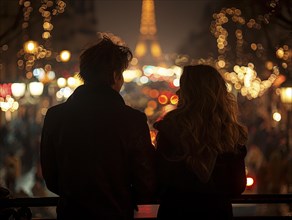 Ein Paar betrachtet den beleuchteten Eiffelturm in einer romantischen Nacht, Lifestyle in Paris,
