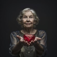 Surprised-looking older woman holds a red, translucent heart in front of her, AI generated