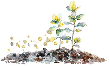 Watercolor tree sprout with coins blossoming instead of flowers AI generated