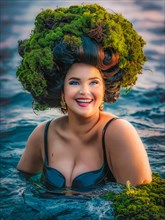 Smiling woman in black bikini with a large mossy hat growing and thriving, creating a mystical and