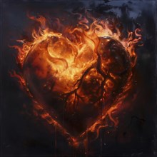 An artistic image of a heart, streaked with blazing fire, AI generated