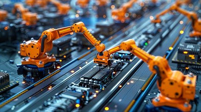 Robotic arms working on a conveyor belt in a technology-driven factory, ai generated, AI generated