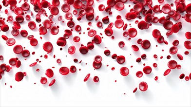 A multitude of red blood cells chaotically scattered on white background, ai generated, AI