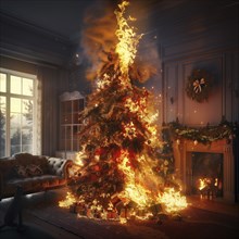 A Christmas tree on fire in a living room, posing a clear fire hazard, AI generated