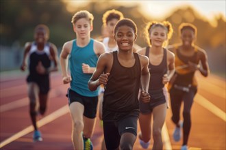 Pupils running on a synthetic running track, athletics, sports lessons, AI generated, AI generated,