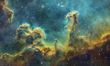 A vibrant digital art piece depicting the wonder of a star-forming nebula with yellow and blue hues
