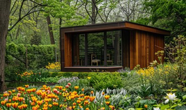 A minimalist modern wooden cabin surrounded by a variety of spring flowers and lush green foliage