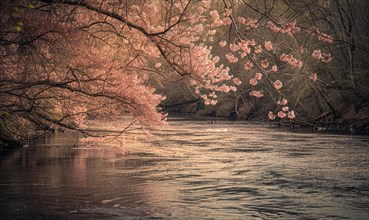 Cherry blossoms lining the banks of a gentle spring river AI generated