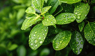 Raindrops on fresh green leaves, close up view of spring green leaves, nature background AI