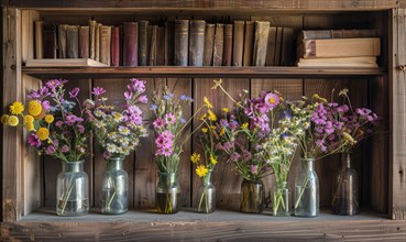 Vintage bookshelf adorned with vases of freshly picked wildflowers AI generated