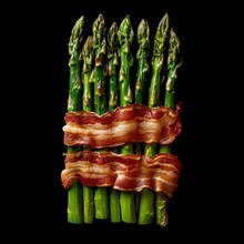 Fresh green asparagus wrapped in bacon strips against a dark backdrop, AI generated