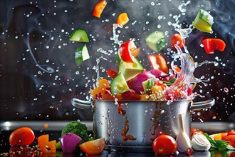 Dynamic water splash with fresh vegetables in mid-air, depicting cooking action, AI generated