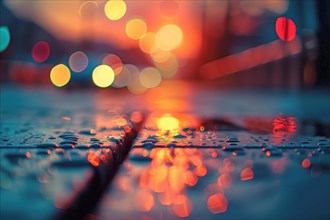 A mesmerizing view of sunset reflections on a wet urban surface, enhanced by the colorful bokeh