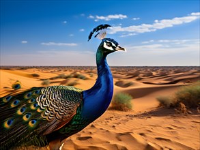 Peacock with the full display of magnificent plumage usp in each feather in the Thar desert, AI