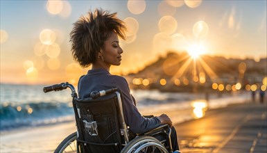 Empowered woman in a wheelchair on the beach at sunset, with the sea in the background, AI