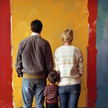 Family standing together and looking at a colourful wall, back to camera, AI generated