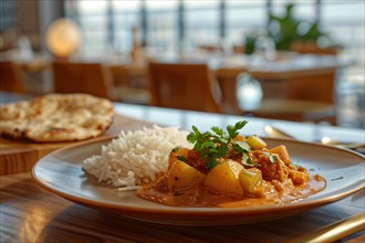 A plate of Indian curry with rice and cilantro garnish in a restaurant setting, AI generated