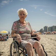 Woman in wheelchair looking thoughtfully at sunny beach with parasols, AI generated