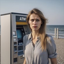 Woman in casual clothes looks confused at the ATM, AI generated