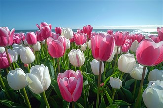 Pink and white tulips along a coastal area with the ocean in the backdrop on a sunny day, AI